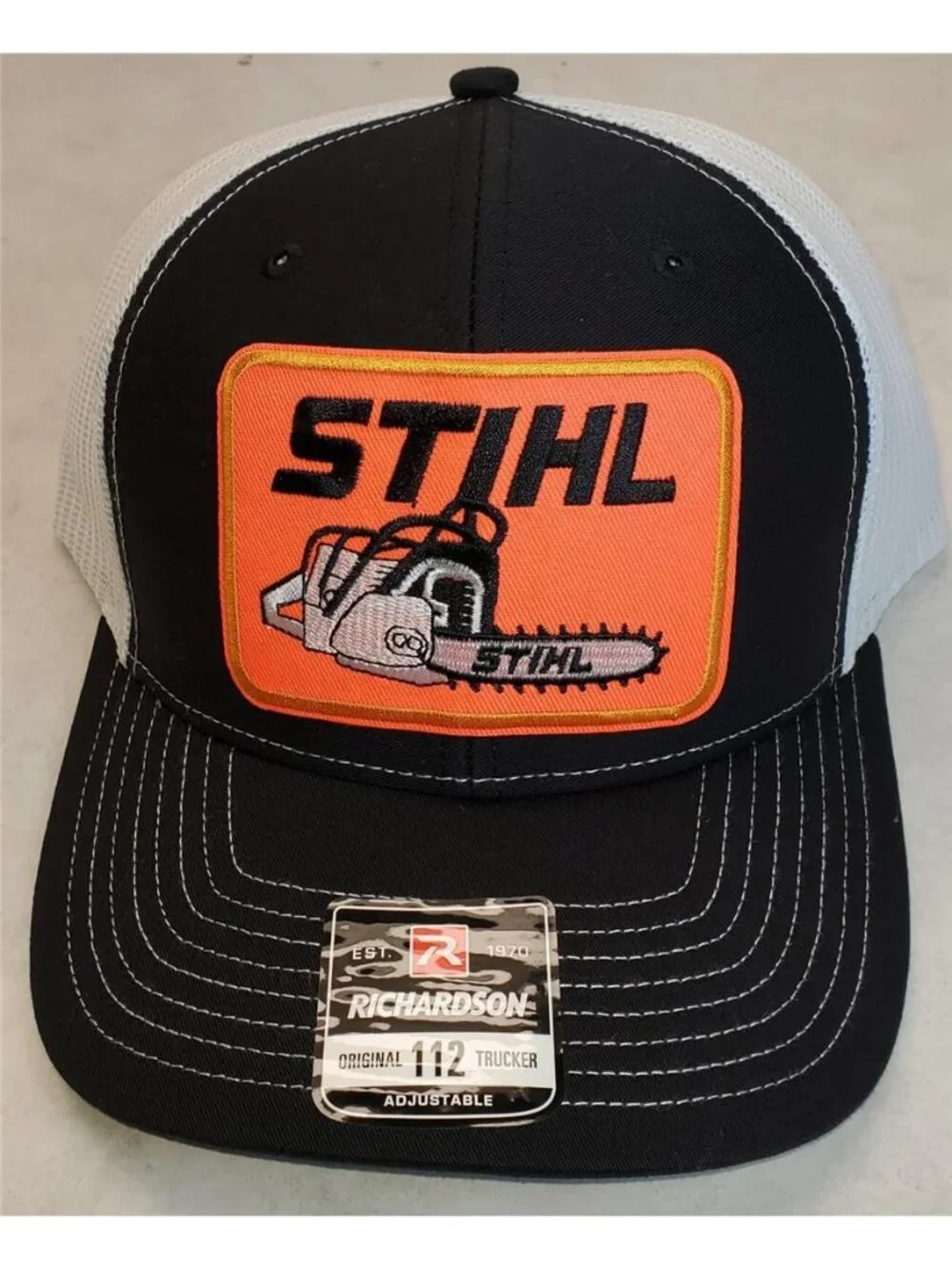 Retro Chainsaw Forestry Patch Trucker Hat Black White Richardson 112 Snapback